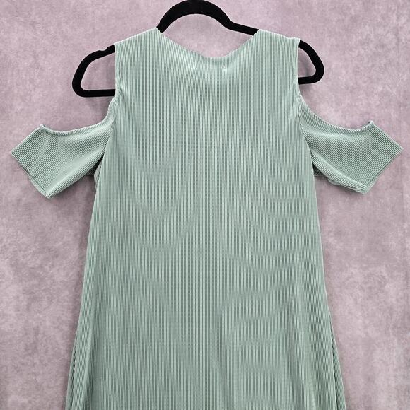 Belle Sky Green Mint Pleated Cold Short Shoulder Knee Length Boho Dress Large - Picture 7 of 8